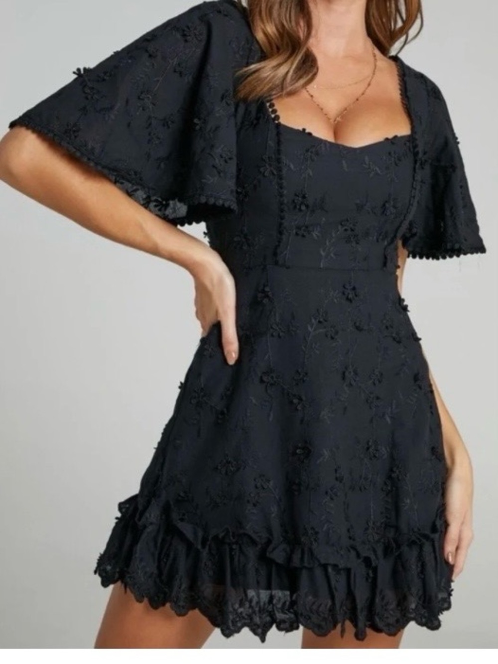 Showpo Black Floral Eyelet Mini Dress